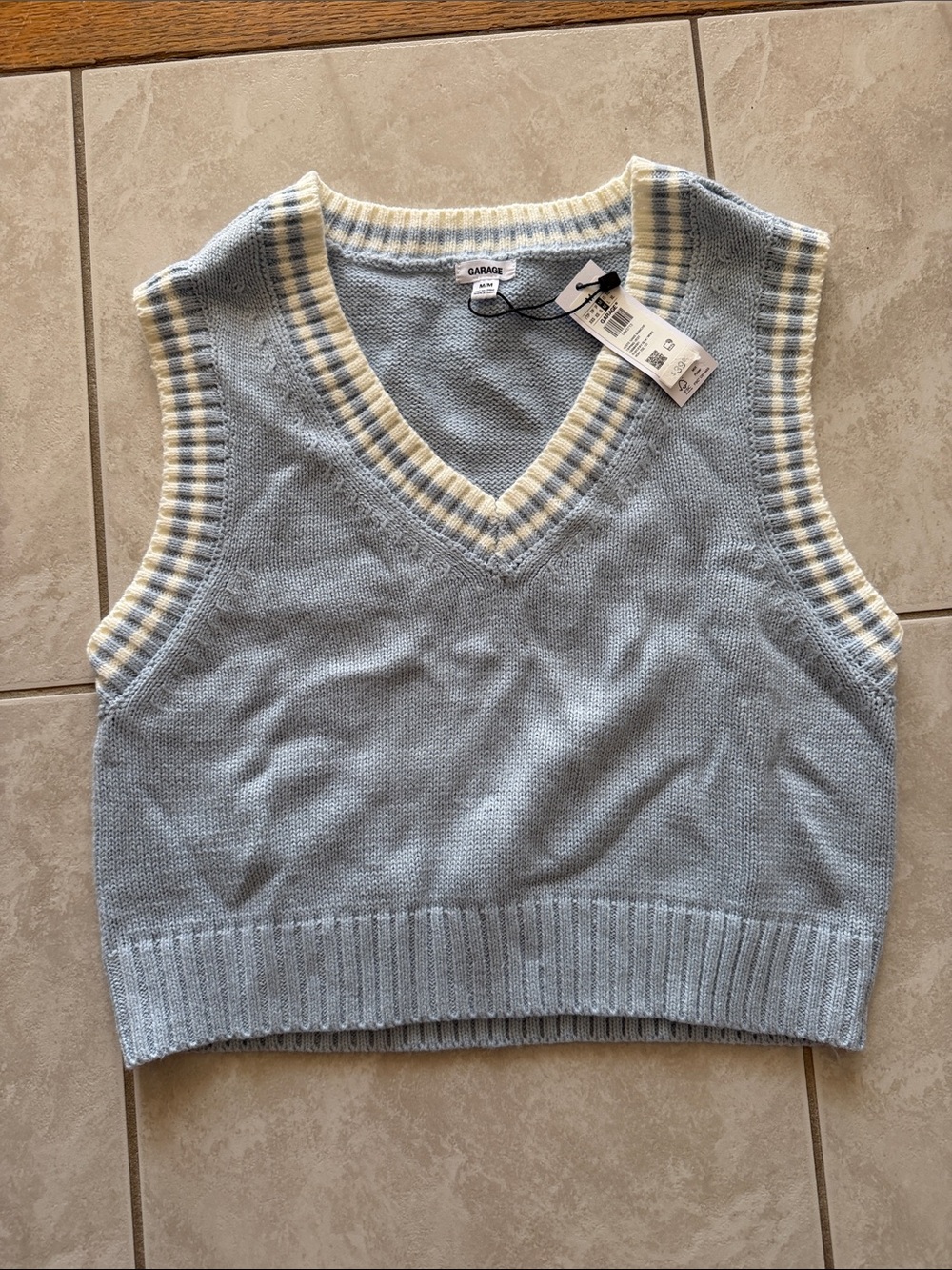 Garage Light Blue Knit V-Neck Vest with Cream Trim
